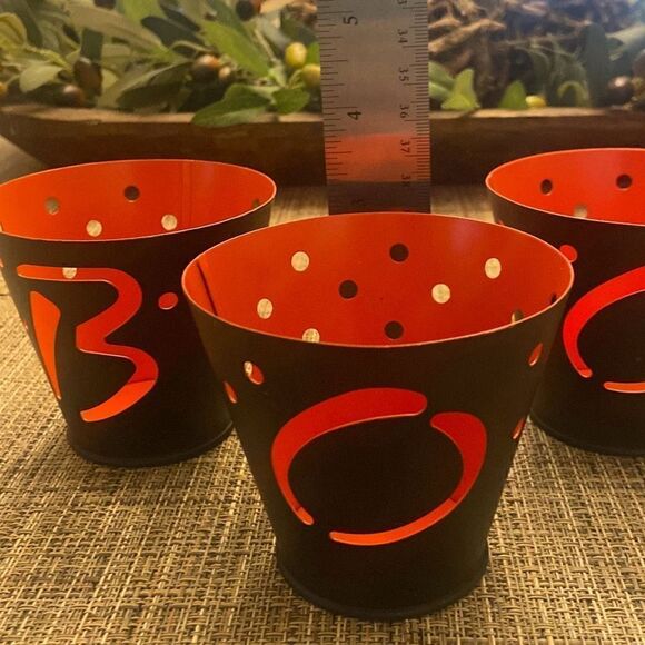 Halloween Set of 3 Metal Hallmark BOO Tea Light Candle Holders Orange and Black - Picture 6 of 7